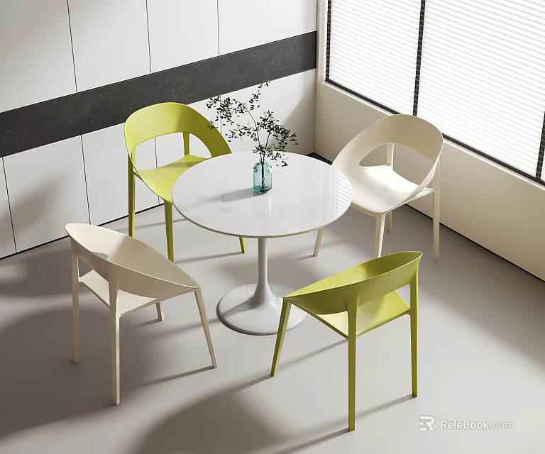 Modern Round White Table And Chair Set With Yellow White Chairs Potted Plant By Window 3d model 