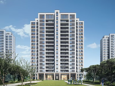 Modern High Rise Residential Building With Green Lawn Trees Blue Sky And White Clouds 3d model