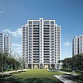 Modern High Rise Residential Building With Green Lawn Trees Blue Sky And White Clouds