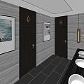 Modern Public Restroom Featuring Multiple Sinks Circular Mirrors Gray Walls And Dark Tiles