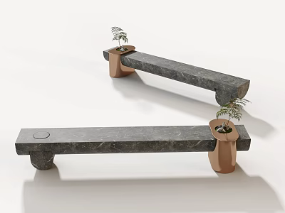 Modern Landscape Seats With Gray Stone Surface And Copper Bases Holding Small Potted Plants 3d model