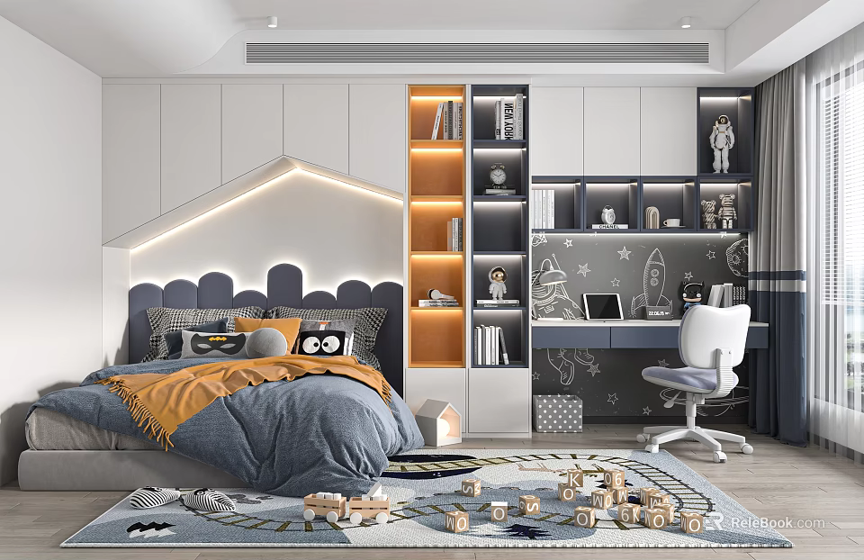 Kids Room With Blue Bedding Orange Blanket Study Desk White Chair Shelves Toys On Carpet 3d model 