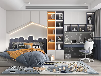Kids Room With Blue Bedding Orange Blanket Study Desk White Chair Shelves Toys On Carpet 3d model