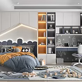 Kids Room With Blue Bedding Orange Blanket Study Desk White Chair Shelves Toys On Carpet
