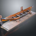 Vintage Orange Brown Wooden Boat Displayed On Rustic Platform With Wooden Supports