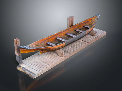 Vintage Orange Brown Wooden Boat Displayed On Rustic Platform With Wooden Supports 3d model