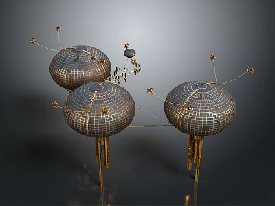 Futuristic Spherical Structures With Grid Surfaces Golden Supports Connecting Lines And Floating Sphere 3d model