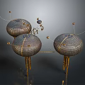 Futuristic Spherical Structures With Grid Surfaces Golden Supports Connecting Lines And Floating Sphere