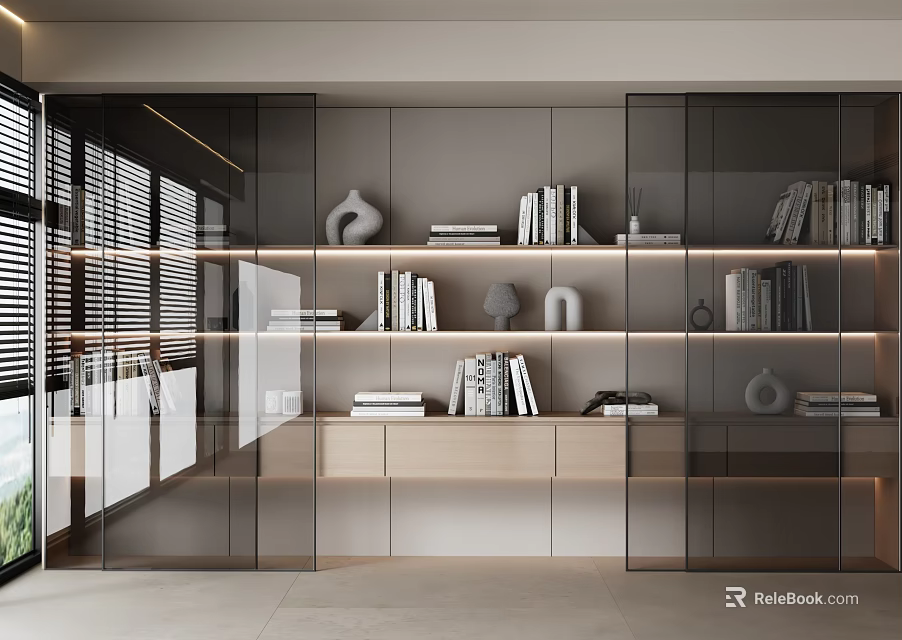 Modern Interior Bookcase With Glass Doors Multiple Shelves Books And Decorative Items 3d model 