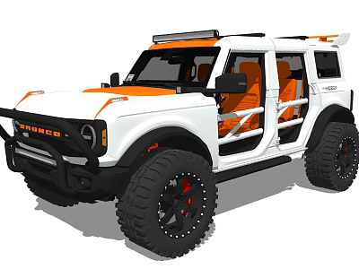 White And Orange Ford Bronco Off Road With Open Doors Orange Seats And Large Tires 3d model
