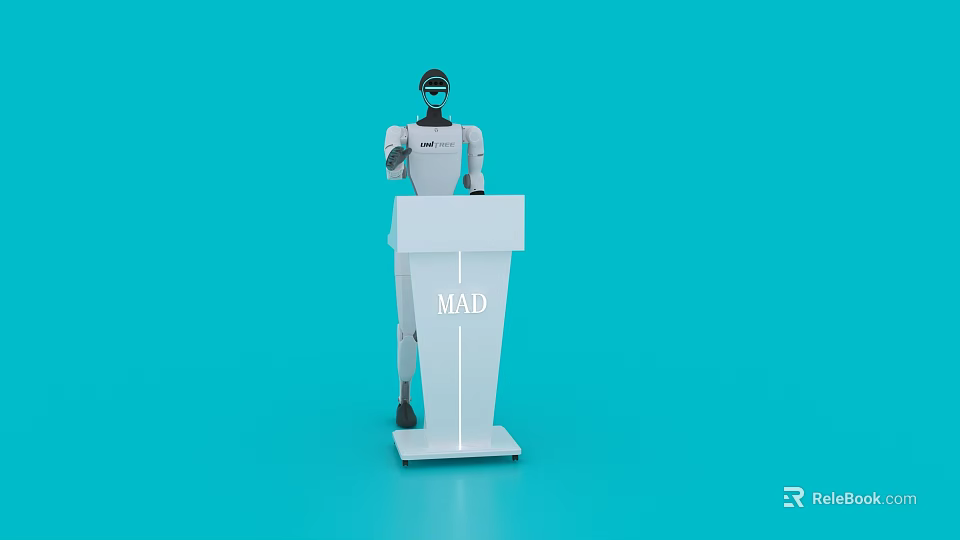 White Functional Desk With Robot And MAD Text On Blue Background 3d model 
