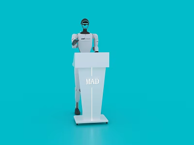 White Functional Desk With Robot And MAD Text On Blue Background 3d model