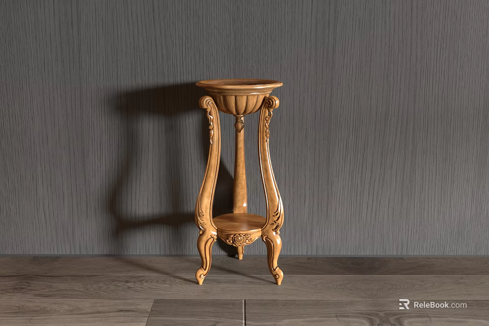 Wooden Classic Side Table With Intricate Carved Legs Against Gray Wall And Wooden Floor 3d model 