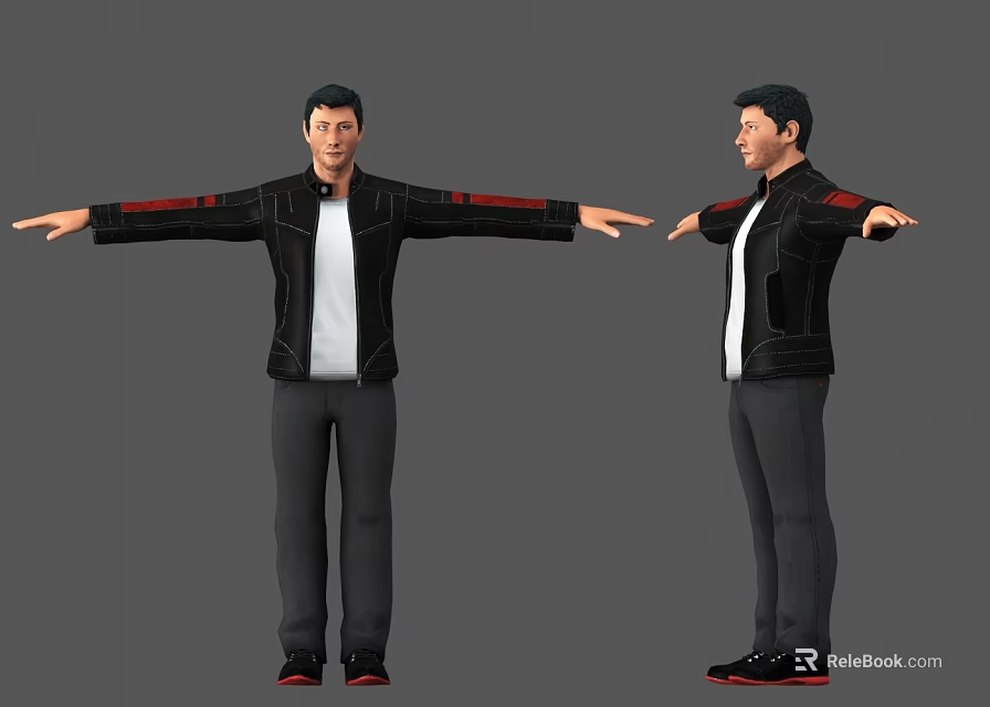 Man In Black Jacket With Red Accents White T-shirt Gray Pants Arms Outstretched 3d model 