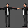 Man In Black Jacket With Red Accents White T-shirt Gray Pants Arms Outstretched
