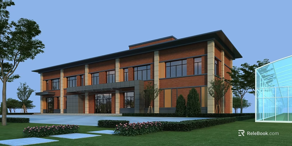 Red Brick Office Building Exterior With Large Windows Columns And Landscaped Lawn 3d model 