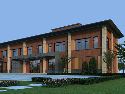 Red Brick Office Building Exterior With Large Windows Columns And Landscaped Lawn 3d model
