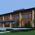 Red Brick Office Building Exterior With Large Windows Columns And Landscaped Lawn