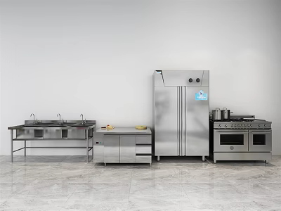 Stainless Steel Kitchen Appliances With Refrigerator Stove Sink In Modern Setup 3d model