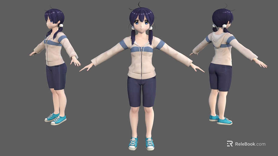 3D Character Three Angles View Showing Purple Hair Hoodie Shorts And Blue Sneakers 3d model 