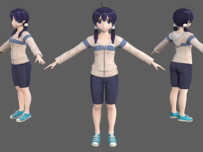 3D Character Three Angles View Showing Purple Hair Hoodie Shorts And Blue Sneakers 3d model