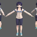3D Character Three Angles View Showing Purple Hair Hoodie Shorts And Blue Sneakers