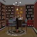 Elegant Wine Cellar With Wine Racks Wine Bottles Round Bar Counter Blue Stools And Pendant Lights