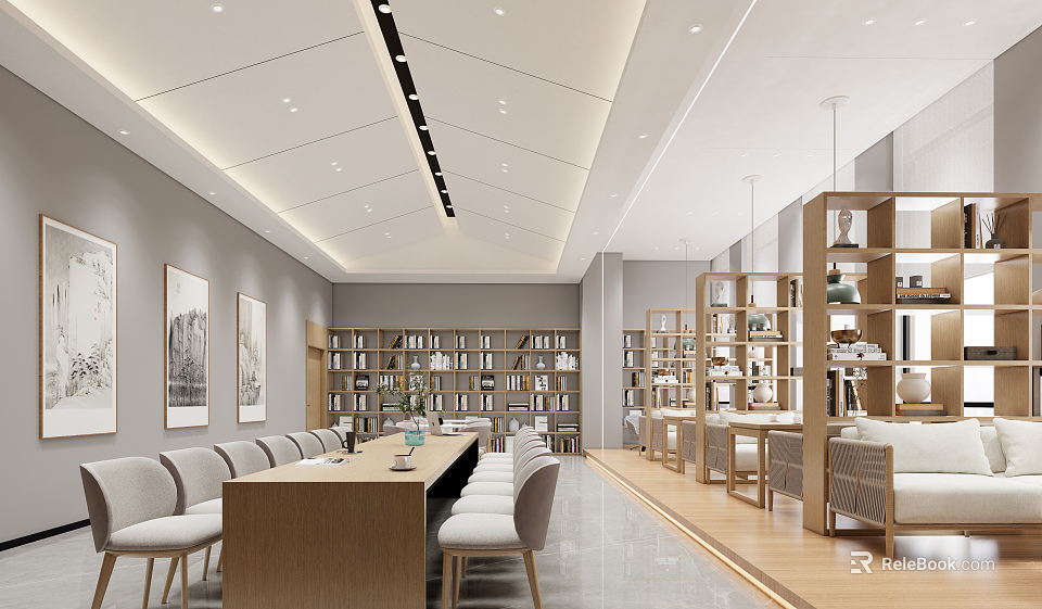 Modern Book Art Interior Design With Bookshelves Chairs And Paintings 3d model 