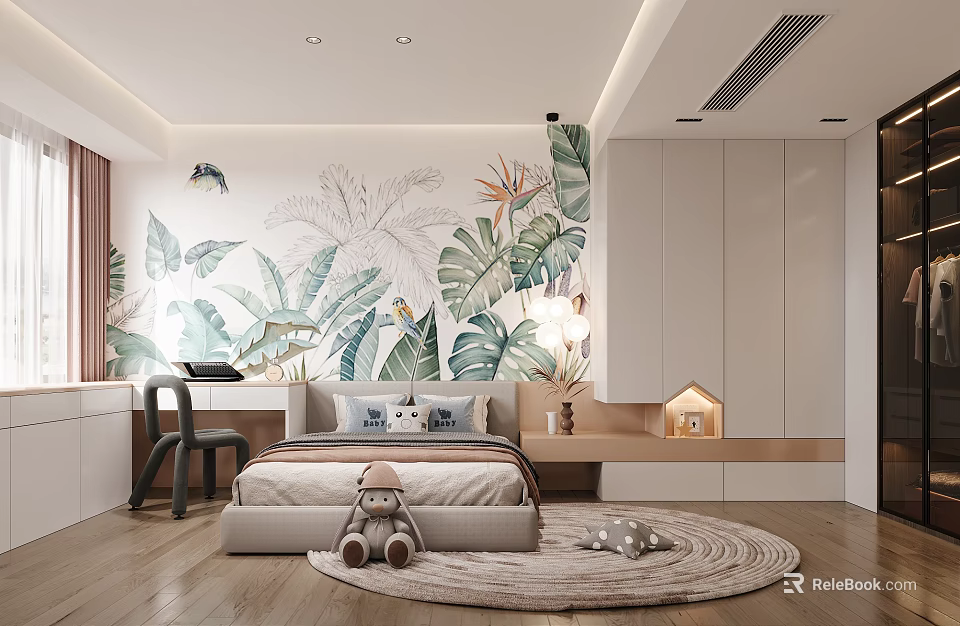 Kids Bedroom With Tropical Plant Mural Cozy Rug And Stuffed Toys 3d model 