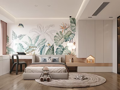 Kids Bedroom With Tropical Plant Mural Cozy Rug And Stuffed Toys 3d model