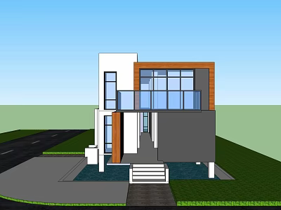 Modern Detached Villa Exterior With Large Glass Windows Wooden Accents Front Steps And Driveway 3d model