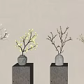 Beautiful Flower Arrangements In Ceramic Vases On Wooden Pedestals With Sunlight Shadows On Beige Wall