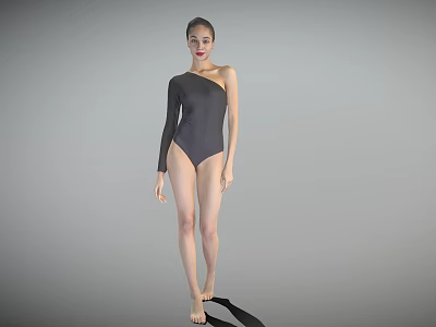 Woman in One Shoulder Bodysuit Standing Barefoot Against Gray Background 3d model