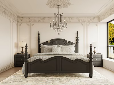 Classic Bedroom Interior With Black Four Poster Bed Crystal Chandelier Decorative Paneling And Window Greenery 3d model