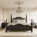Classic Bedroom Interior With Black Four Poster Bed Crystal Chandelier Decorative Paneling And Window Greenery