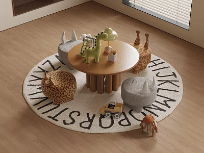 Kids Play Area Wooden Round Table With Animal Shaped Chairs And Alphabet Rug 3d model