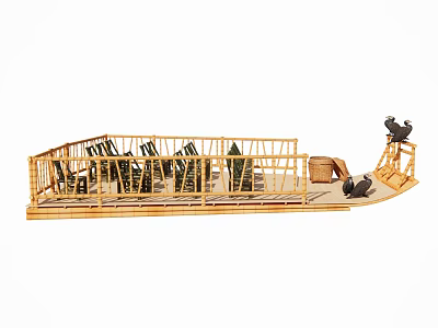 Handcrafted Wooden Boat Model with Seating Railings and Two Birds at Stern 3d model