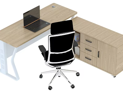 Modern Office Desk With Laptop Ergonomic Office Chair And Drawer Cabinet 3d model