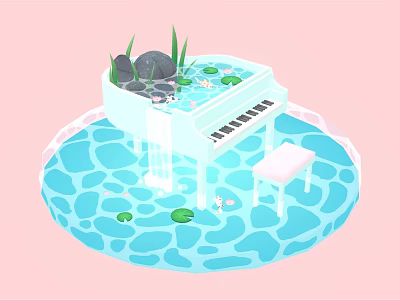 Cartoon Scene Featuring White Piano In Water With Lily Pads Stones Grass And Bench 3d model