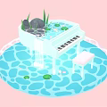 Cartoon Scene Featuring White Piano In Water With Lily Pads Stones Grass And Bench