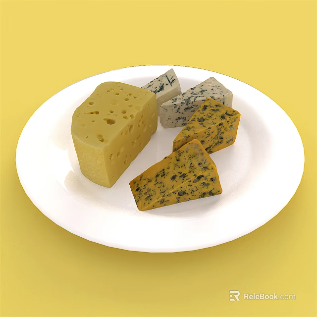 Assorted Cheese Varieties On White Plate Against Yellow Background With Different Textures And Colors 3d model 