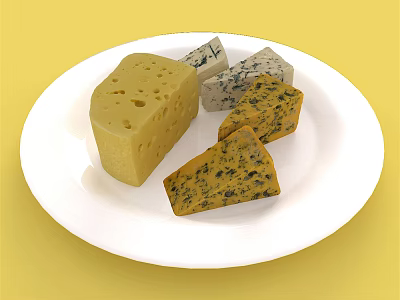 Assorted Cheese Varieties On White Plate Against Yellow Background With Different Textures And Colors 3d model