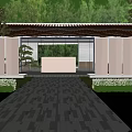 Modern Chinese Entrance Gate Featuring Roof Columns Stone Pathway Decorative Wall Trees and Water Pools