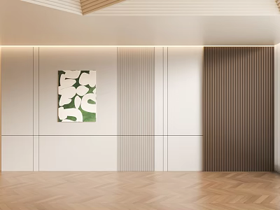 Modern Interior Space With White Wall Wooden Panels Green Art And Herringbone Floor 3d model