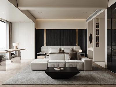 Modern Minimalist Bedroom Interior With Large Bed Nightstands Area Rug And Floor To Ceiling Window 3d model
