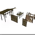 Ancient Wooden Building Simple Construction Frames With Roof And Wall Components 3d model