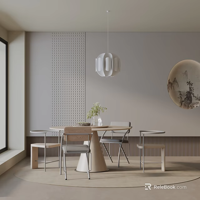 Modern Dining Table Set With Chairs Circular Landscape Painting Pendant Light And Potted Plant 3d model 