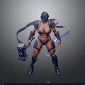Female Warrior In Blue Armor With Helmet Holding Hammer And Purple Ribbons