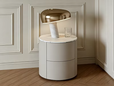 White Bedside Table With Marble Top Gold Lamp And Glass Cup On Wooden Floor 3d model
