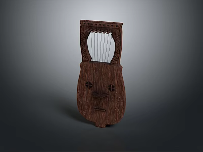 Handcrafted Wooden String Instrument With Carved Face Design And Strings 3d model